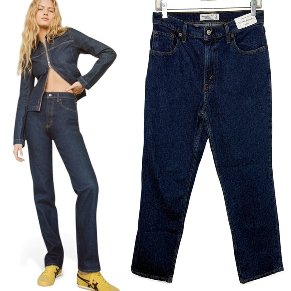 NWT Abercrombie 90s Straight Ultra High Rise Jeans 27 Short Dark Wash Denim - Picture 1 of 13